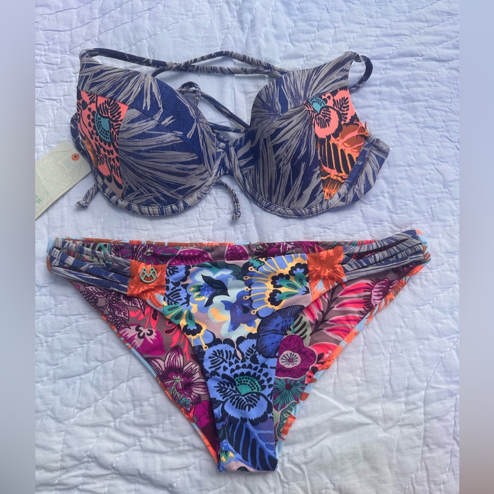 Maaji Blue and Orange Bikini Vibrant Floral Design